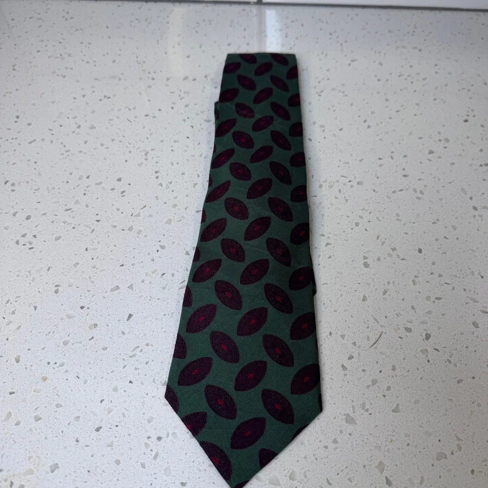 Y2K Coach Mens Silk Tie Green Burgundy Geometric Medallion Handmade in Italy